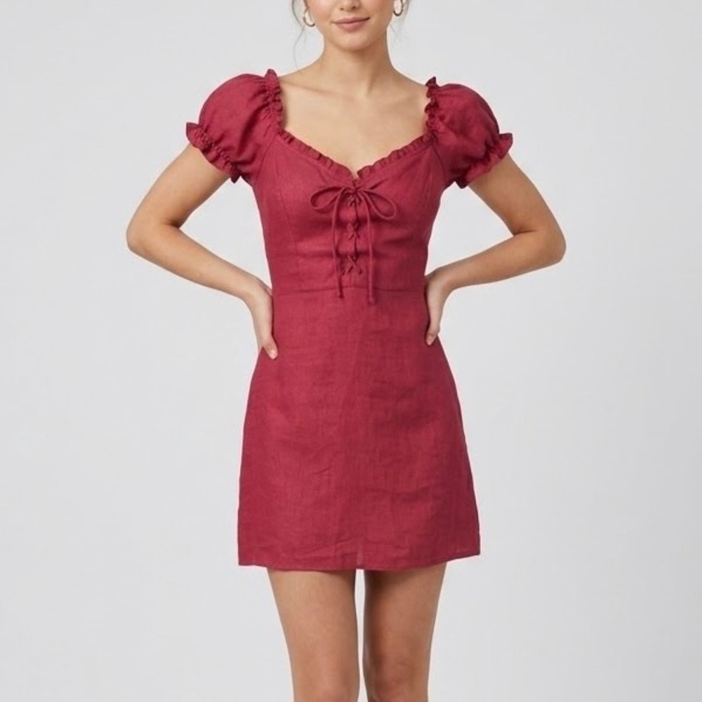 Reformation Klara 100% Linen Mini Dress Lipstick Red Lace-Up Puff Sleeve Size 2